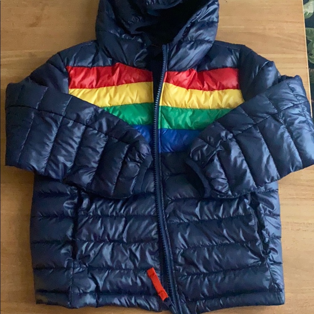 Primary Puffer Jacket in Rainbow Stripe size 4-5